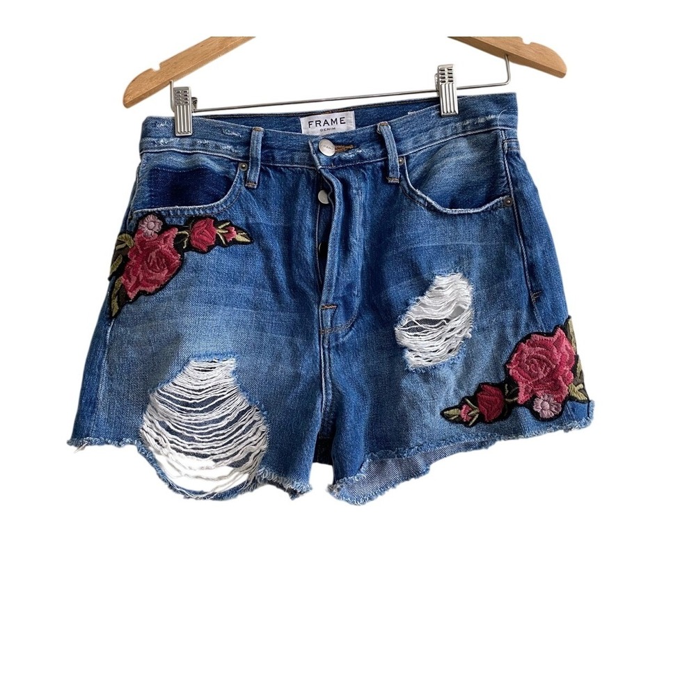 Frame Denim Le Original Blue Floral Embroidered Distressed Shorts Size 27 Boho